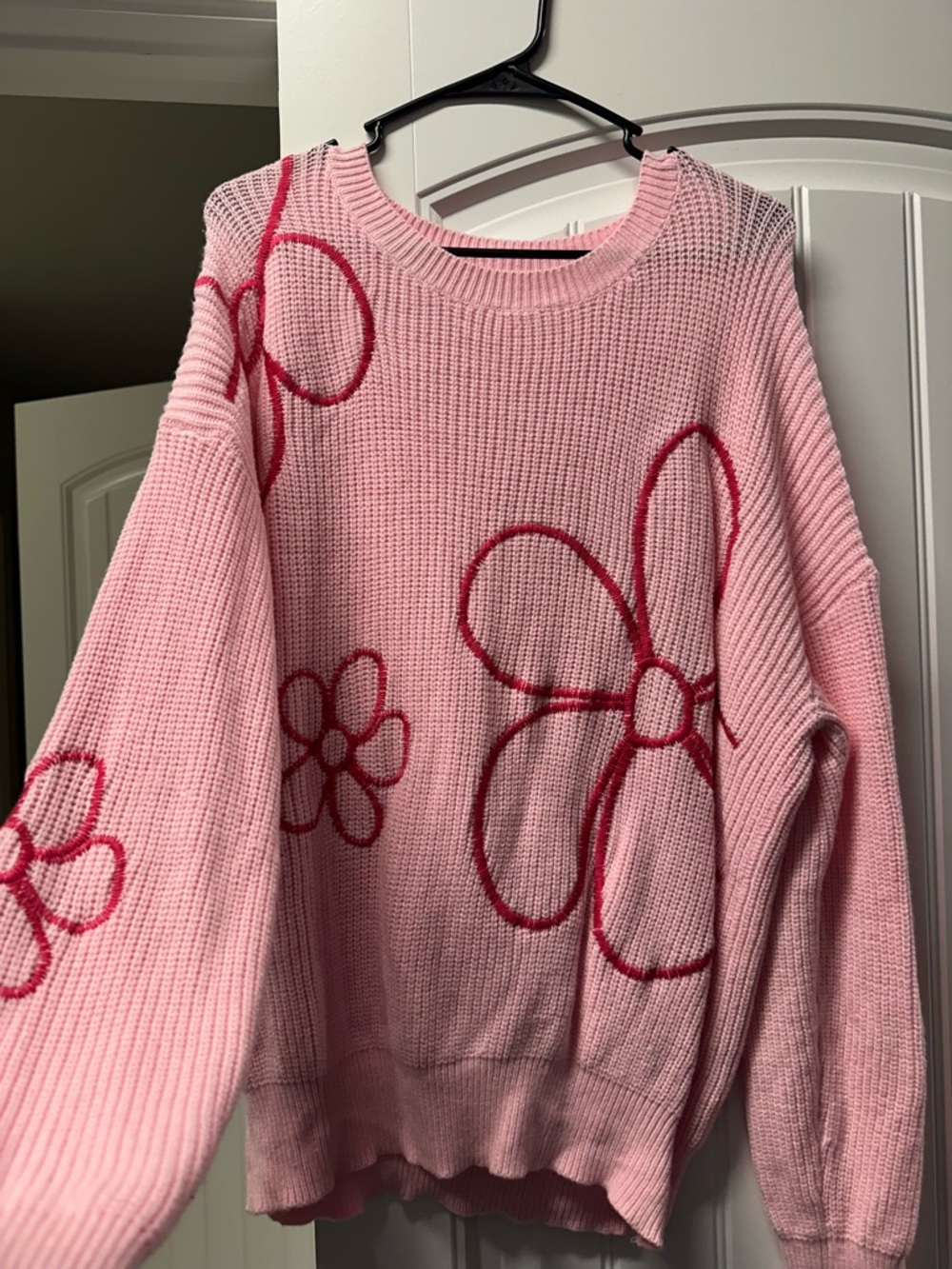 Pink Lily Pink Crewneck Sweater with Dark Pink Floral Outline